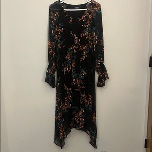 Black Floral Long Sleeve V-Neck Dress